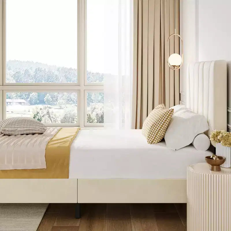 Cadre de lit double avec tête de lit réglable, sommier tapissier en velours capitonné, aucun sommier à ressorts requis (beige)