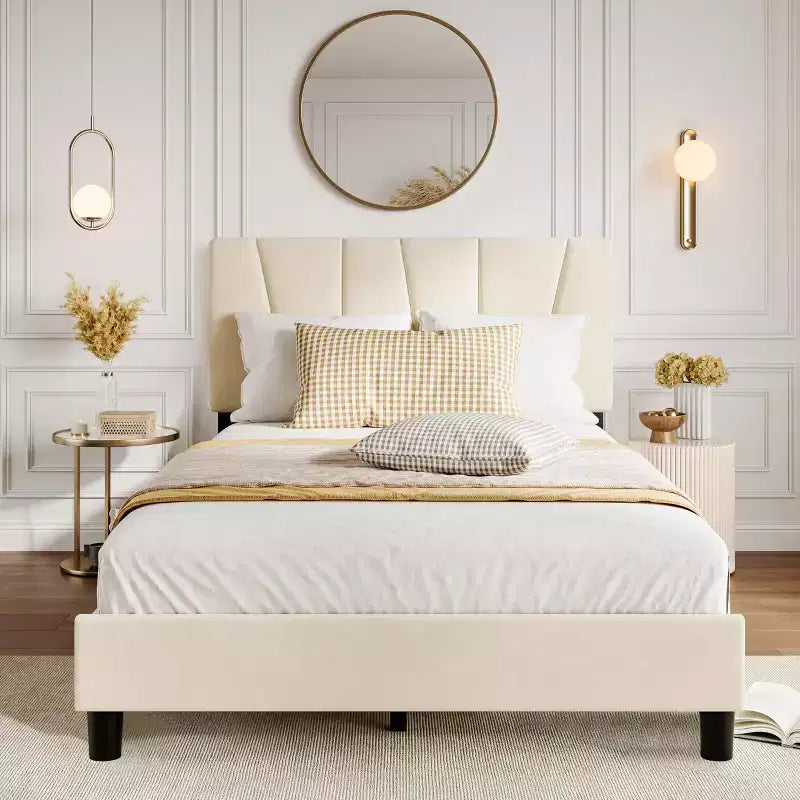 Cadre de lit double avec tête de lit réglable, sommier tapissier en velours capitonné, aucun sommier à ressorts requis (beige)