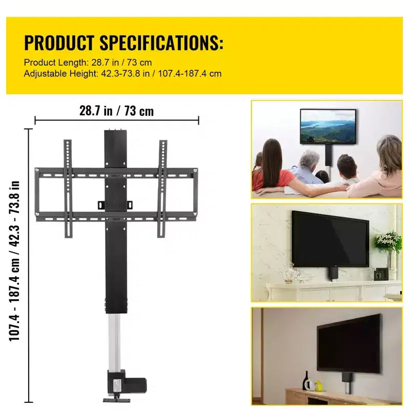 Élévateur TV automatique VEVOR, course de 78,7 cm pour écrans jusqu'à 60 pouces, hauteur réglable 106,7-185,4 cm, télécommandé, supporte 60 kg, noir