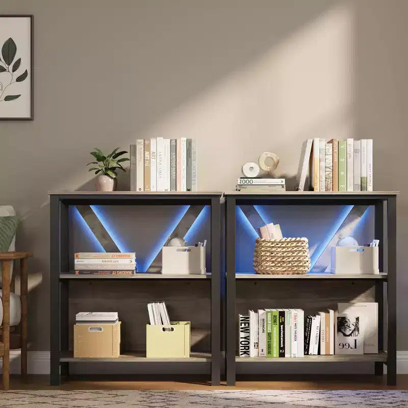 Étagère avec lumières LED réglables - Bibliothèque industrielle rustique à cadre métallique avec étagères ouvertes, petite étagère basse pour le bureau à domicile, la chambre à coucher