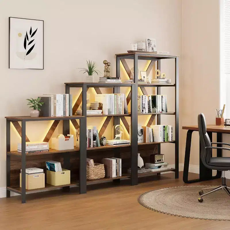 Étagère avec lumières LED réglables - Bibliothèque industrielle rustique à cadre métallique avec étagères ouvertes, petite étagère basse pour le bureau à domicile, la chambre à coucher