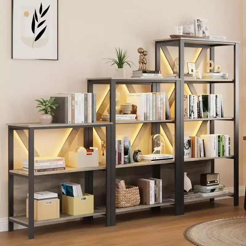 Étagère avec lumières LED réglables - Bibliothèque industrielle rustique à cadre métallique avec étagères ouvertes, petite étagère basse pour le bureau à domicile, la chambre à coucher