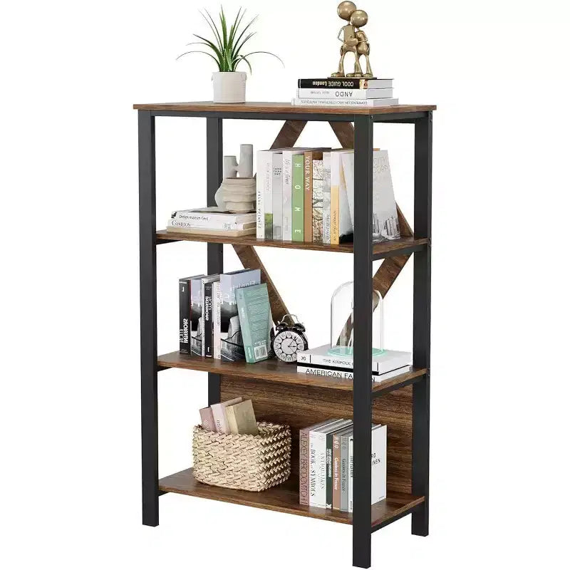 Bookshelf with Adjustable LED Lights - Industrial Rustic Metal Frame Bookcase with Open Shelves, Small Low Book Shelf for Home Office, Bedroom