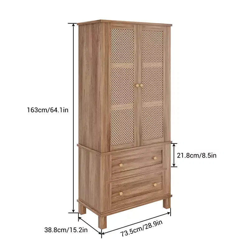 Armoire de cuisine avec portes en rotin, Armoire de rangement haute de 162 cm avec 2 tiroirs et étagères réglables, Armoire de cuisine en bois