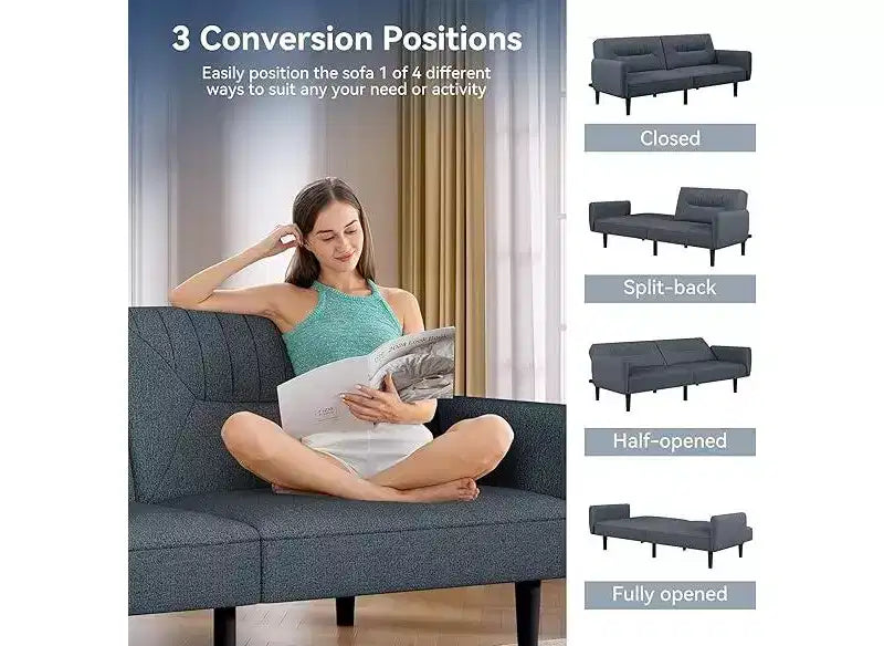 Canapé-lit futon confortable en tissu de lin Dyonery 75.8, canapé-lit convertible 3 places avec dossiers réglables