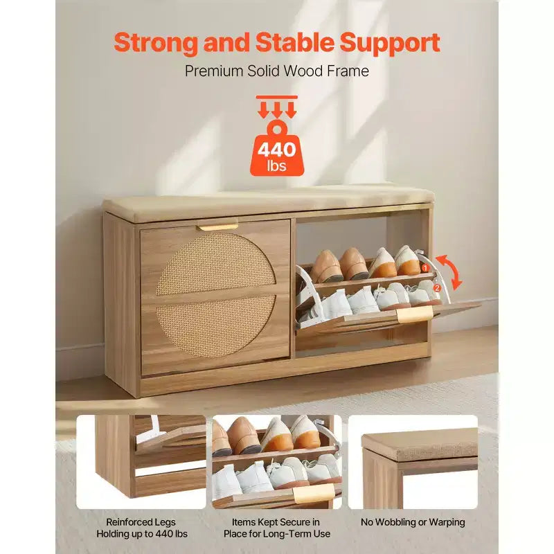 Banc à chaussures VEVOR pour entrée, 98,8 x 23,9 x 50 cm, aspect rotin, avec tiroirs basculants, capacité de 200 kg, meuble de rangement pour chaussures avec coussin, marron
