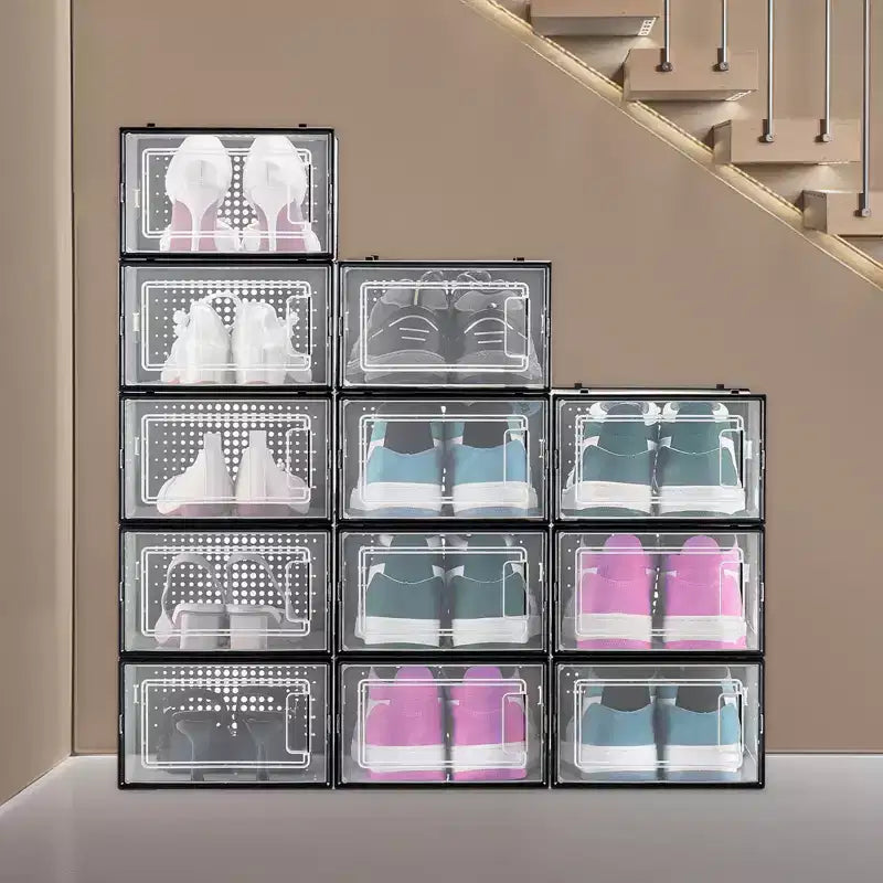VEVOR Boîtes de Rangement pour Chaussures, Lot de 12 Organiseurs de Rangement Empilables, Adaptées jusqu'à la Taille US 11, Noir&Transparent