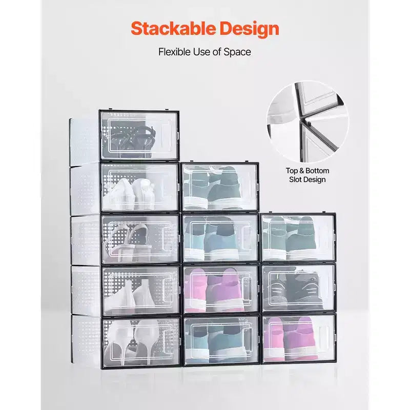 VEVOR Boîtes de Rangement pour Chaussures, Lot de 12 Organiseurs de Rangement Empilables, Adaptées jusqu'à la Taille US 11, Noir&Transparent