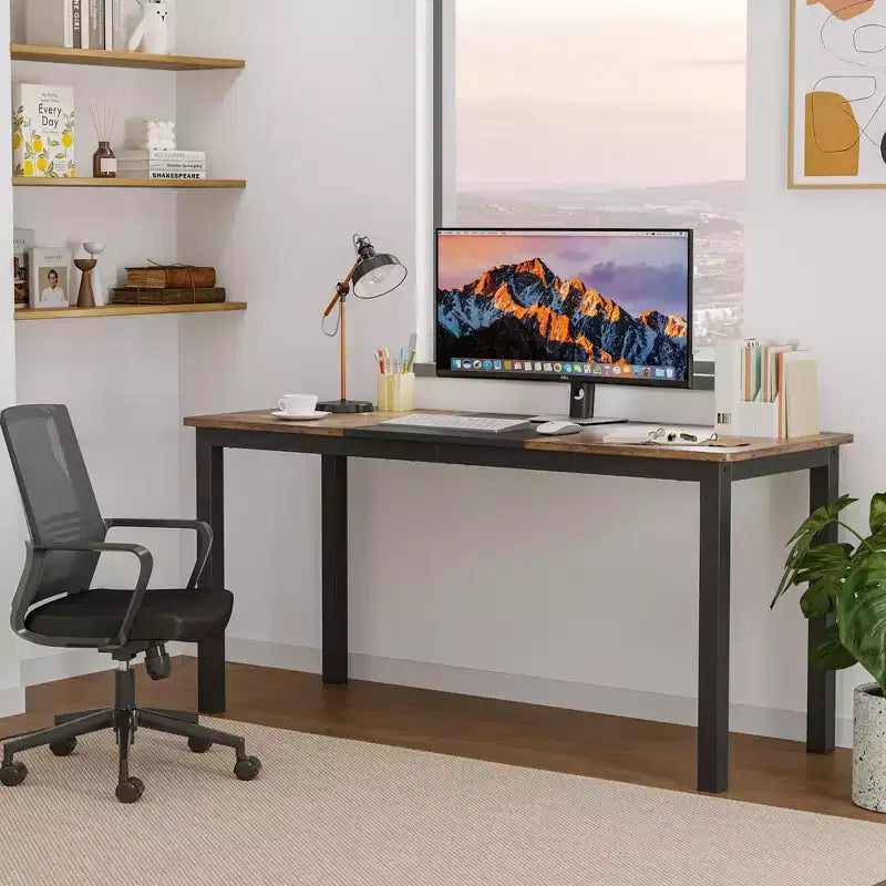 Bureau informatique 160 cm - Grande table d'écriture avec pieds en métal, bureau en bois noir pour la maison/le bureau, poste de travail multifonctionnel