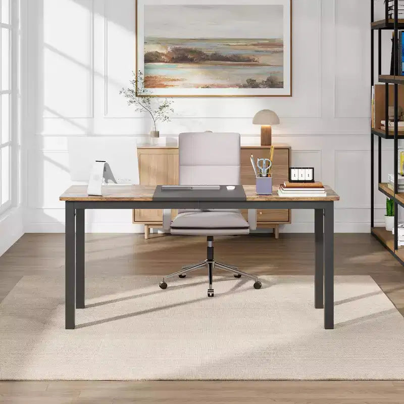Bureau informatique 160 cm - Grande table d'écriture avec pieds en métal, bureau en bois noir pour la maison/le bureau, poste de travail multifonctionnel