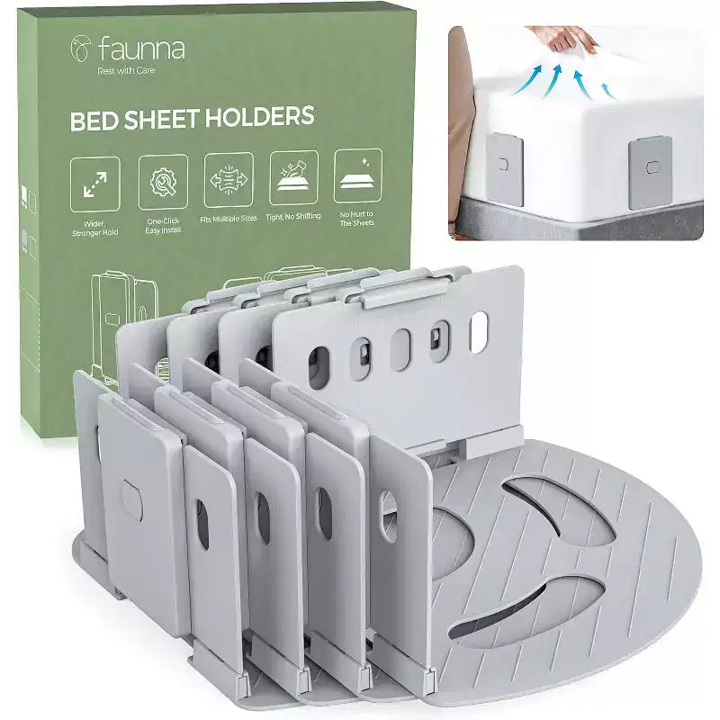Faunna Bed Lock Sheet Holders, Upgrade Straps Keep Sheets Firm & Tight, Fitted Sheet Clips for Corners, Easy One-Time Installation, Grey