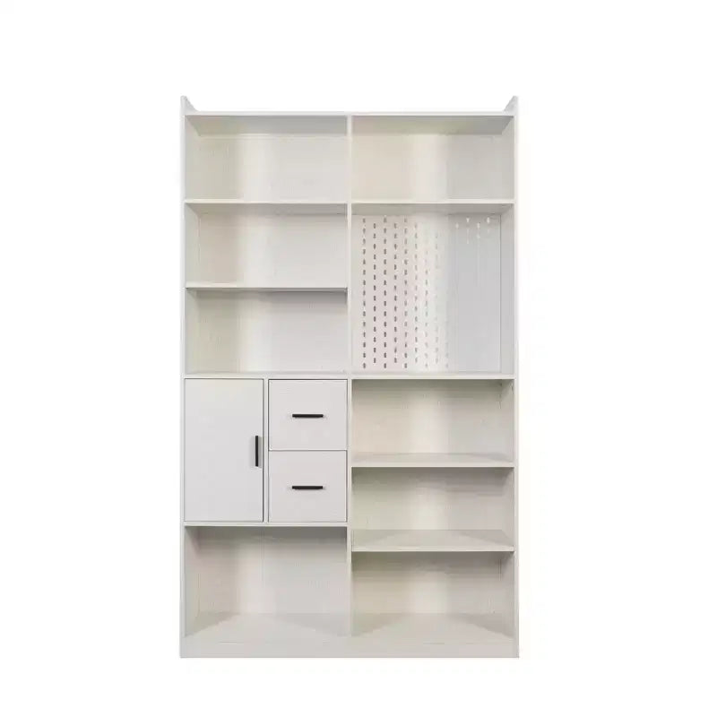 MAYEERTY Bibliothèque avec panneau perforé et tiroir, étagère à 9 compartiments pour salon, blanc