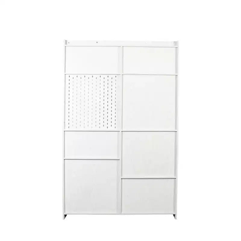 MAYEERTY Bibliothèque avec panneau perforé et tiroir, étagère à 9 compartiments pour salon, blanc
