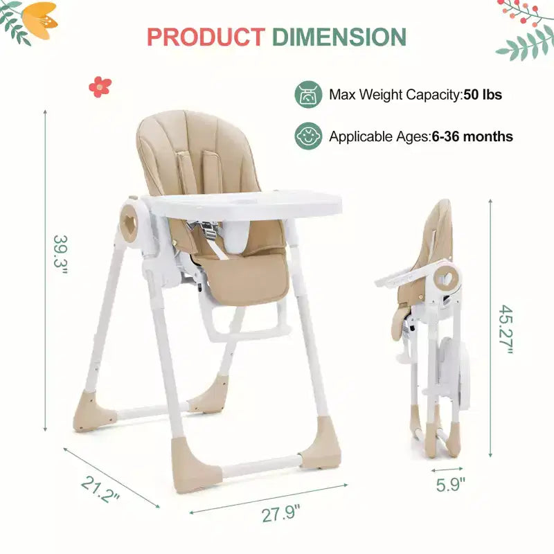 Chaises hautes pliantes pour bébés et tout-petards avec plateau amovible, chaises hautes légères pour bébés, harnais de sécurité 5 points, plusieurs positions d'inclinaison