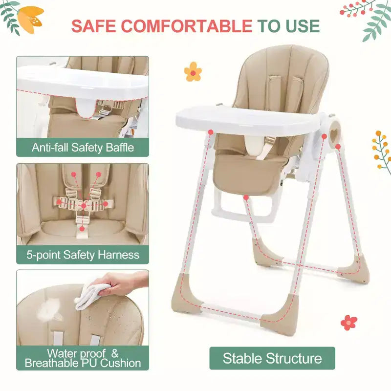 Chaises hautes pliantes pour bébés et tout-petards avec plateau amovible, chaises hautes légères pour bébés, harnais de sécurité 5 points, plusieurs positions d'inclinaison