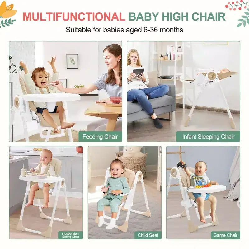 Chaises hautes pliantes pour bébés et tout-petards avec plateau amovible, chaises hautes légères pour bébés, harnais de sécurité 5 points, plusieurs positions d'inclinaison