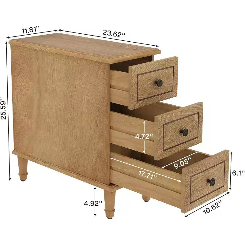 Table d'appoint Lantine en bois massif, table d'appoint étroite entièrement assemblée avec tiroirs, table de chevet pré-assemblée pour le salon