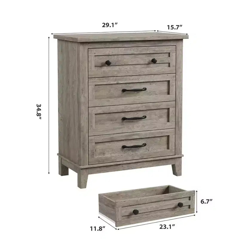Commode de chambre à 4 tiroirs TROPOW, commode verticale de 88,4 cm de haut avec grand espace de rangement, armoire de rangement autoportante en bois pour chambre à coucher, salon, grise
