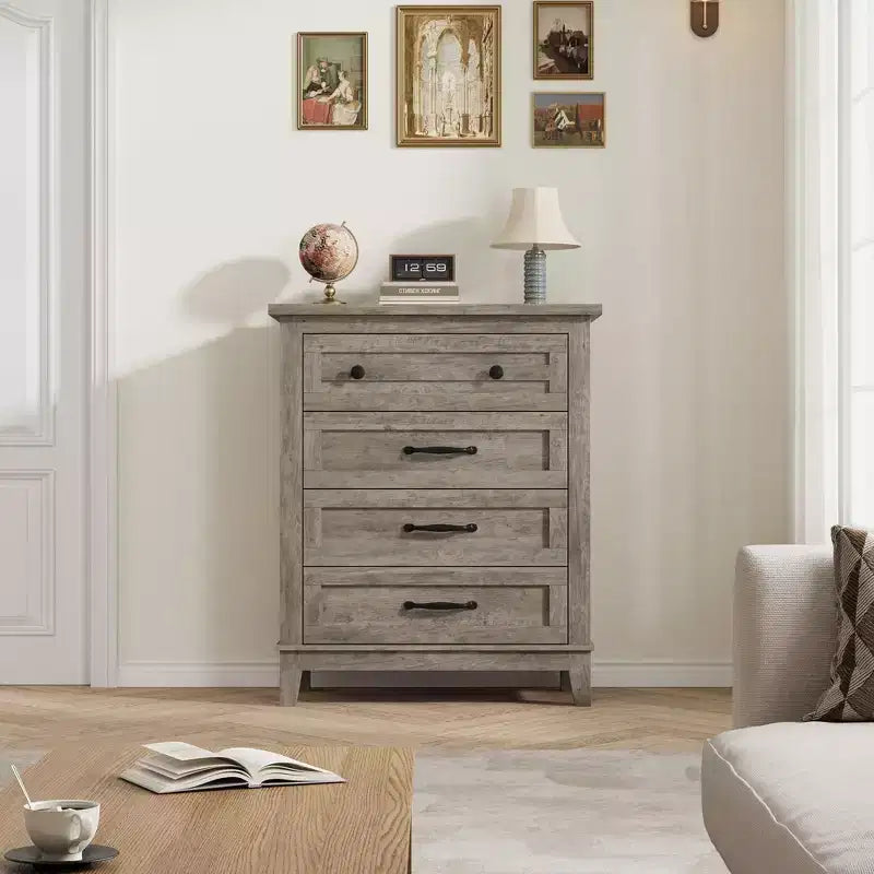 Commode de chambre à 4 tiroirs TROPOW, commode verticale de 88,4 cm de haut avec grand espace de rangement, armoire de rangement autoportante en bois pour chambre à coucher, salon, grise