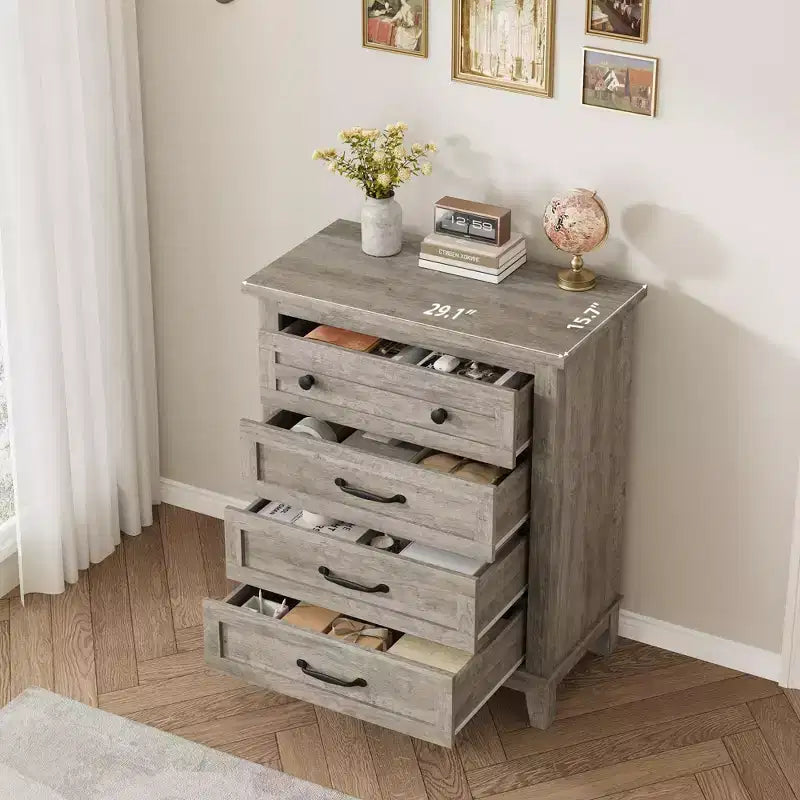 Commode de chambre à 4 tiroirs TROPOW, commode verticale de 88,4 cm de haut avec grand espace de rangement, armoire de rangement autoportante en bois pour chambre à coucher, salon, grise
