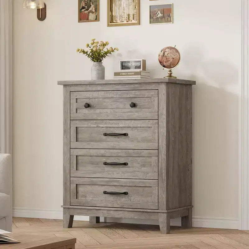Commode de chambre à 4 tiroirs TROPOW, commode verticale de 88,4 cm de haut avec grand espace de rangement, armoire de rangement autoportante en bois pour chambre à coucher, salon, grise