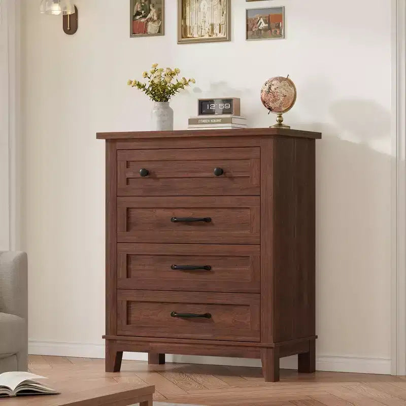Commode de chambre à 4 tiroirs TROPOW, commode verticale de 88,4 cm de haut avec grand espace de rangement, armoire de rangement autoportante en bois pour chambre à coucher, salon, grise