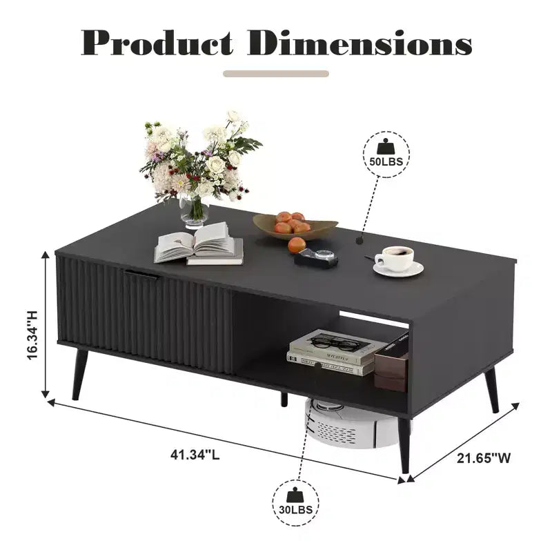 41.34 Table basse en bois avec meuble de rangement, conception à deux niveaux, portes coulissantes de style vague