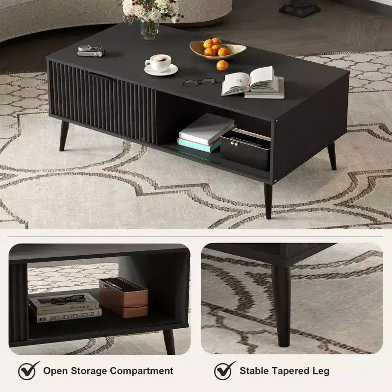 41.34 Table basse en bois avec meuble de rangement, conception à deux niveaux, portes coulissantes de style vague