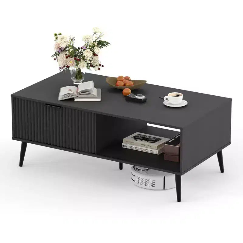 41.34 Wooden Coffee Table with Storage Cabinet, Two-Tier Design, Wave-Style Sliding Doors