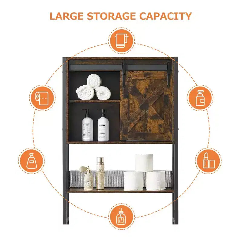 Meuble de rangement pour toilettes, armoire de salle de bain de style ferme avec porte coulissante - Étagère réglable, marron rustique