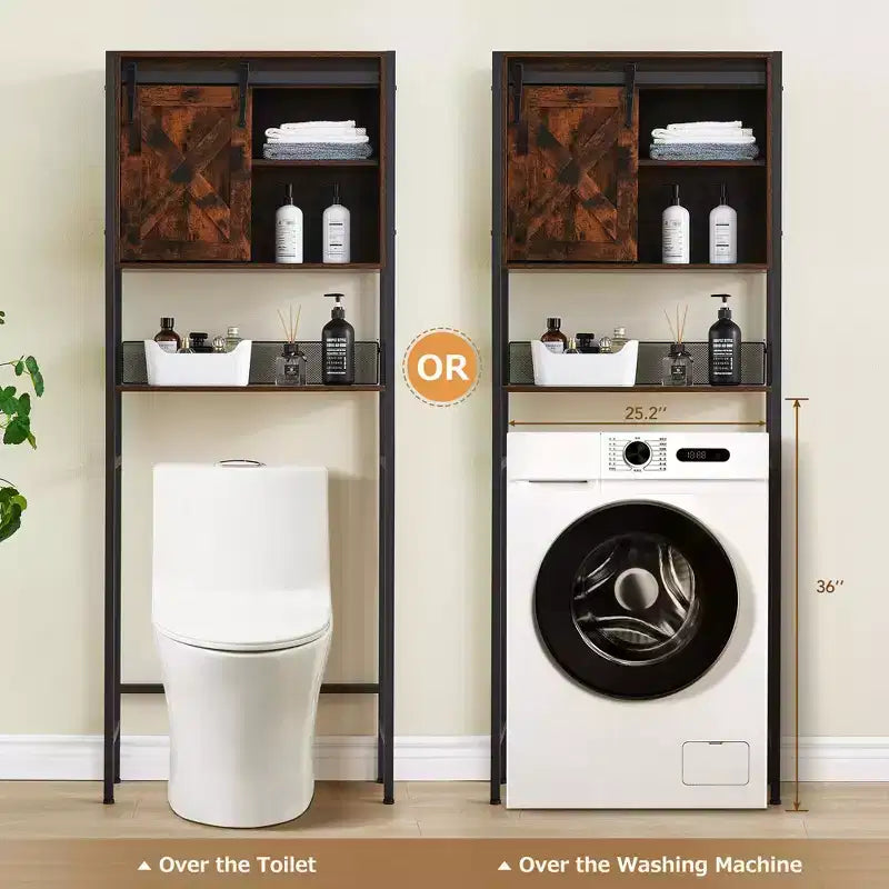 Meuble de rangement pour toilettes, armoire de salle de bain de style ferme avec porte coulissante - Étagère réglable, marron rustique