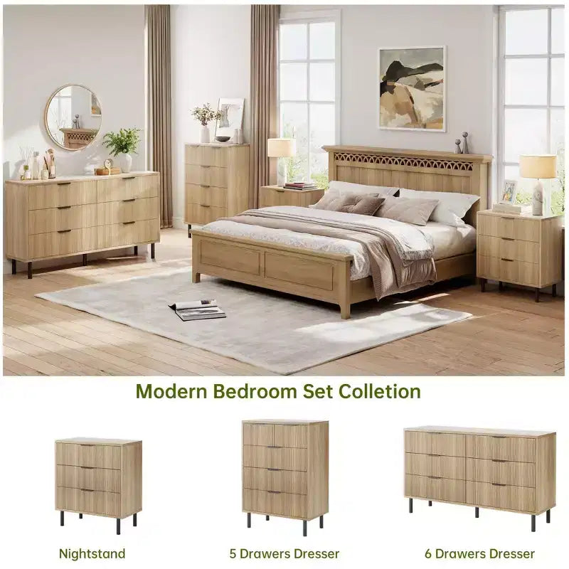 Commode moderne à 6 tiroirs cannelés de 54,7 po avec pieds et poignées en métal et dispositif anti-basculement pour chambre, salon ou couloir, chiffonnier
