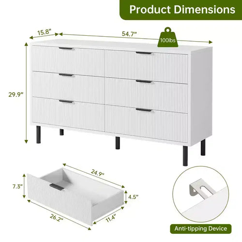 Commode moderne à 6 tiroirs cannelés de 54,7 po avec pieds et poignées en métal et dispositif anti-basculement pour chambre, salon ou couloir, chiffonnier