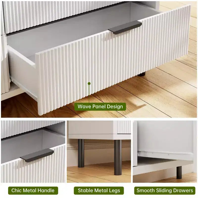 Commode moderne à 6 tiroirs cannelés de 54,7 po avec pieds et poignées en métal et dispositif anti-basculement pour chambre, salon ou couloir, chiffonnier