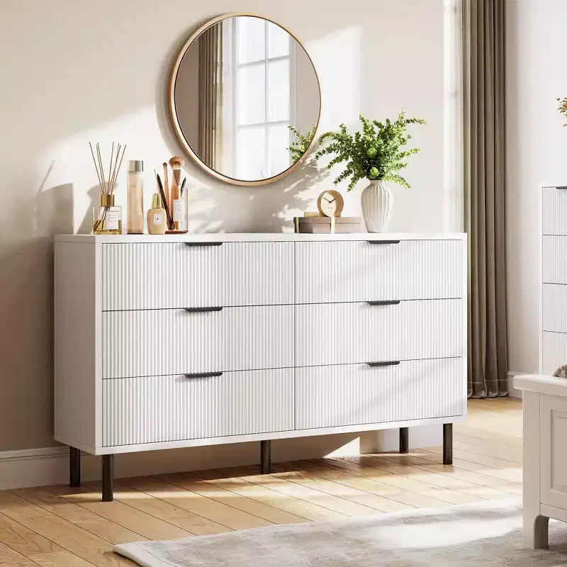 54.7 Modern Fluted 6 Drawer Dresser with Metal Legs, Handles and Anti-Tipping Design for Bedroom Living Room Hallway, Chest of Drawers