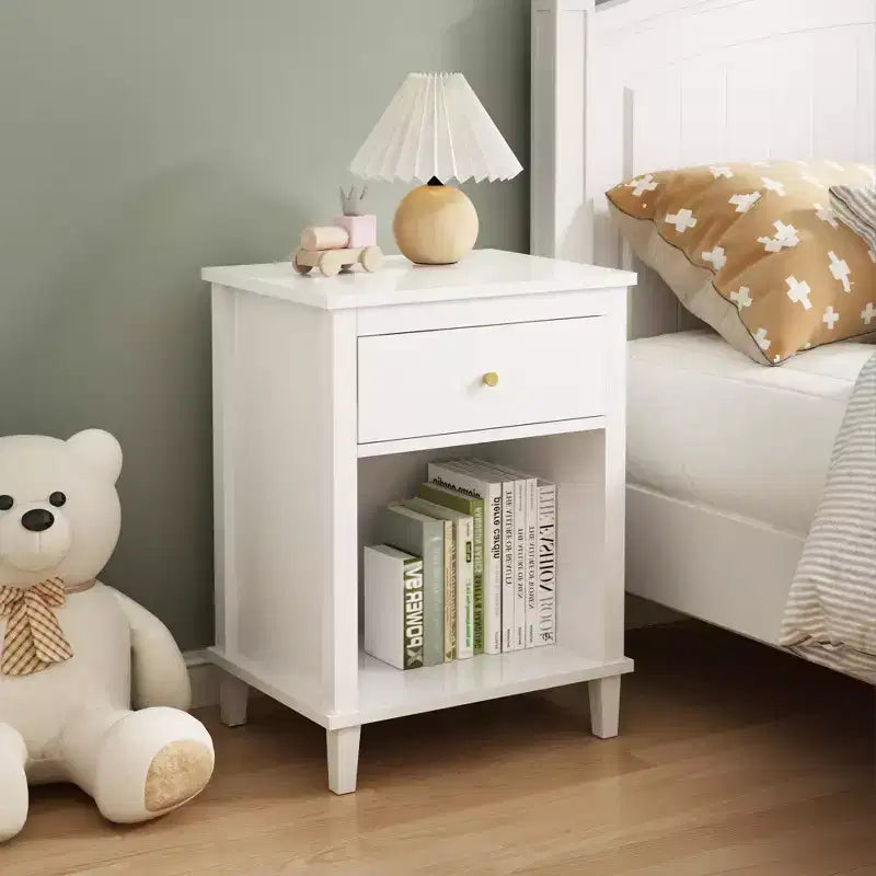 MAYEERTY Table de chevet en bois avec un tiroir et une étagère pour chambre à coucher ou salon, blanc