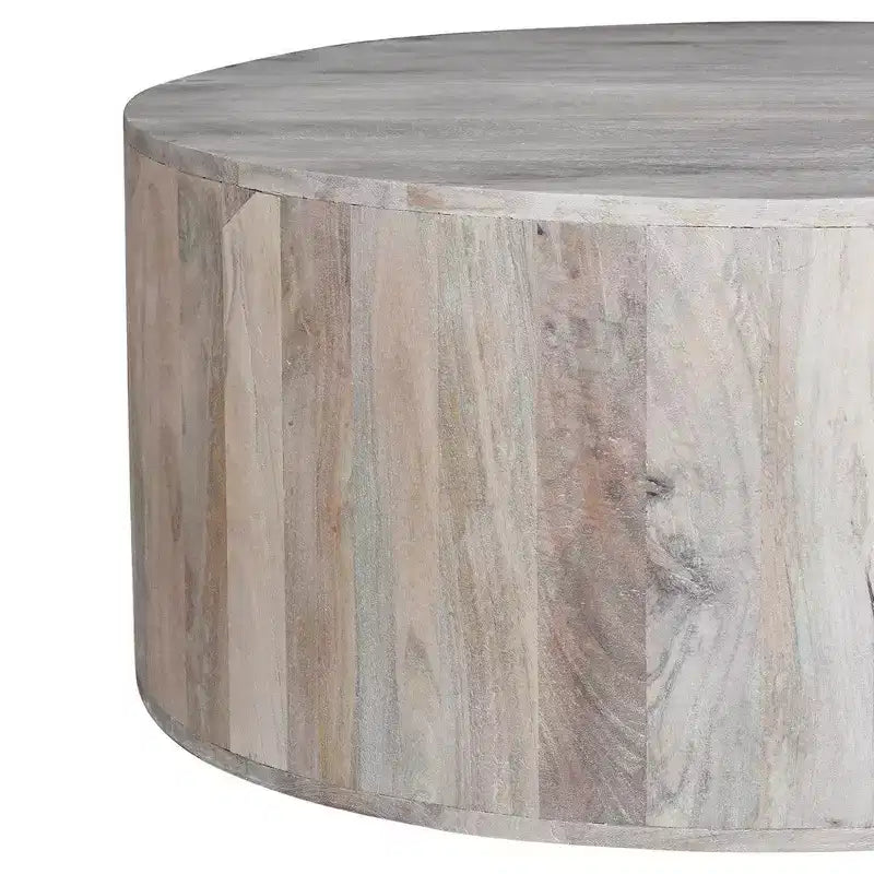 Table basse Royal Hampton de 36 pouces, forme de tambour fabriquée à la main, bois de manguier blanc délavé