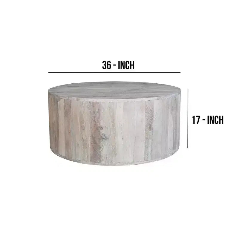Table basse Royal Hampton de 36 pouces, forme de tambour fabriquée à la main, bois de manguier blanc délavé
