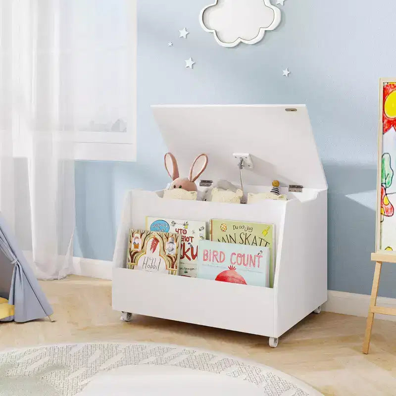 Costway Boîte à jouets pour enfants, organisateur de rangement de jouets en bois avec étagère à livres et roues verrouillables Blanc/Gris
