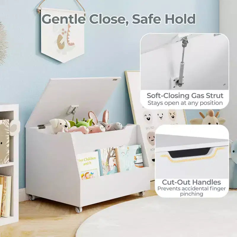 Costway Boîte à jouets pour enfants, organisateur de rangement de jouets en bois avec étagère à livres et roues verrouillables Blanc/Gris