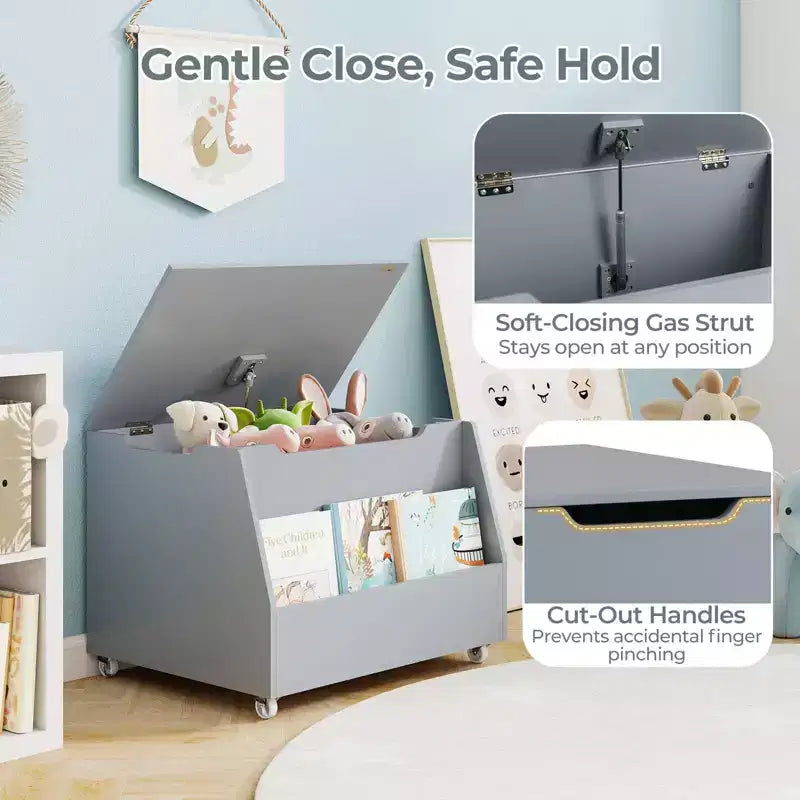 Costway Boîte à jouets pour enfants, organisateur de rangement de jouets en bois avec étagère à livres et roues verrouillables Blanc/Gris