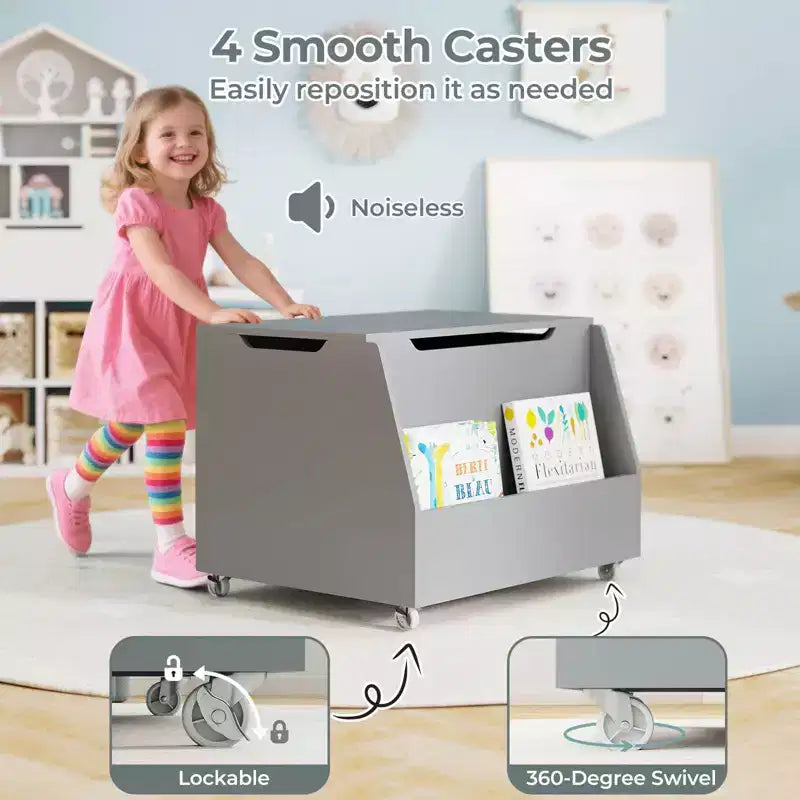 Costway Boîte à jouets pour enfants, organisateur de rangement de jouets en bois avec étagère à livres et roues verrouillables Blanc/Gris