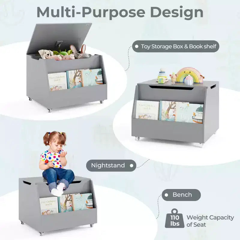 Costway Boîte à jouets pour enfants, organisateur de rangement de jouets en bois avec étagère à livres et roues verrouillables Blanc/Gris