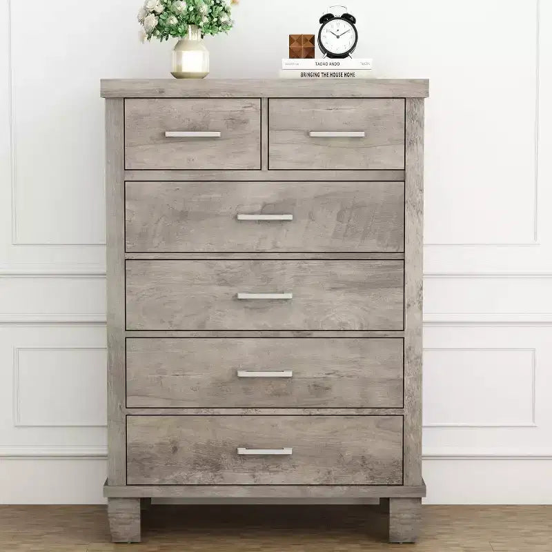 Acekool 6 Drawer Tall Dresser, Wooden Chest with Metal Handles, Storage Organizer for Bedroom, Closet, Living Room