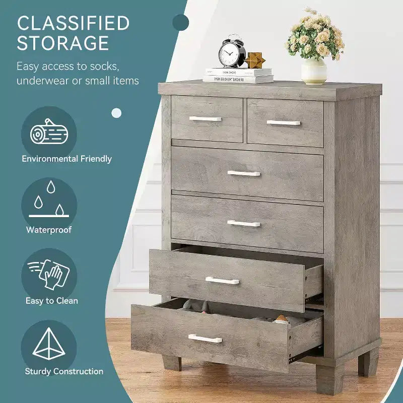 Acekool Commode Haute à 6 Tiroirs, Meuble de Rangement en Bois avec Poignées Métalliques pour Chambre, Placard, Salon