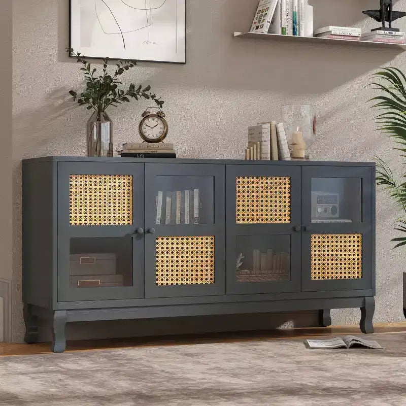 Bahut de buffet Okak rétro avec rangement et 4 portes en rotin, meuble d'appoint avec verre transparent pour cuisine, salle à manger, entrée