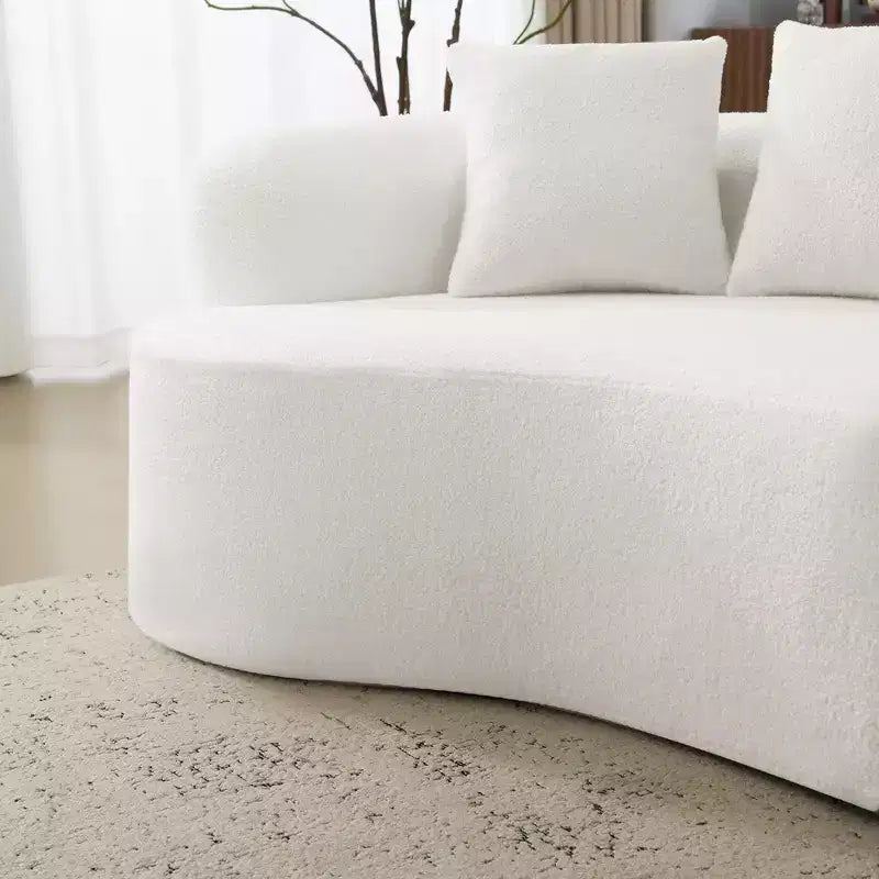 Canapé courbé quatre places en éponge à compression intégrale, tissu velours Teddy, canapé compact sans assemblage pour petits espaces et appartements
