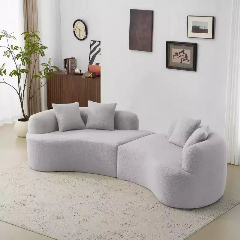 Canapé courbé quatre places en éponge à compression intégrale, tissu velours Teddy, canapé compact sans assemblage pour petits espaces et appartements