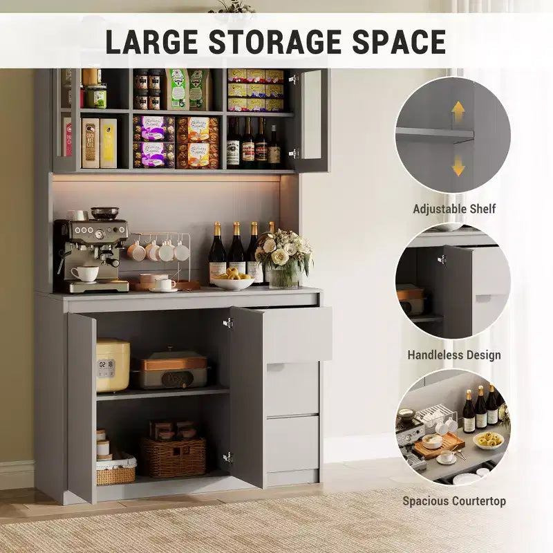 Grand meuble de cuisine de 180 cm de haut, buffet de rangement de cuisine avec lumières LED et prises de courant, support pour micro-ondes, porte en verre