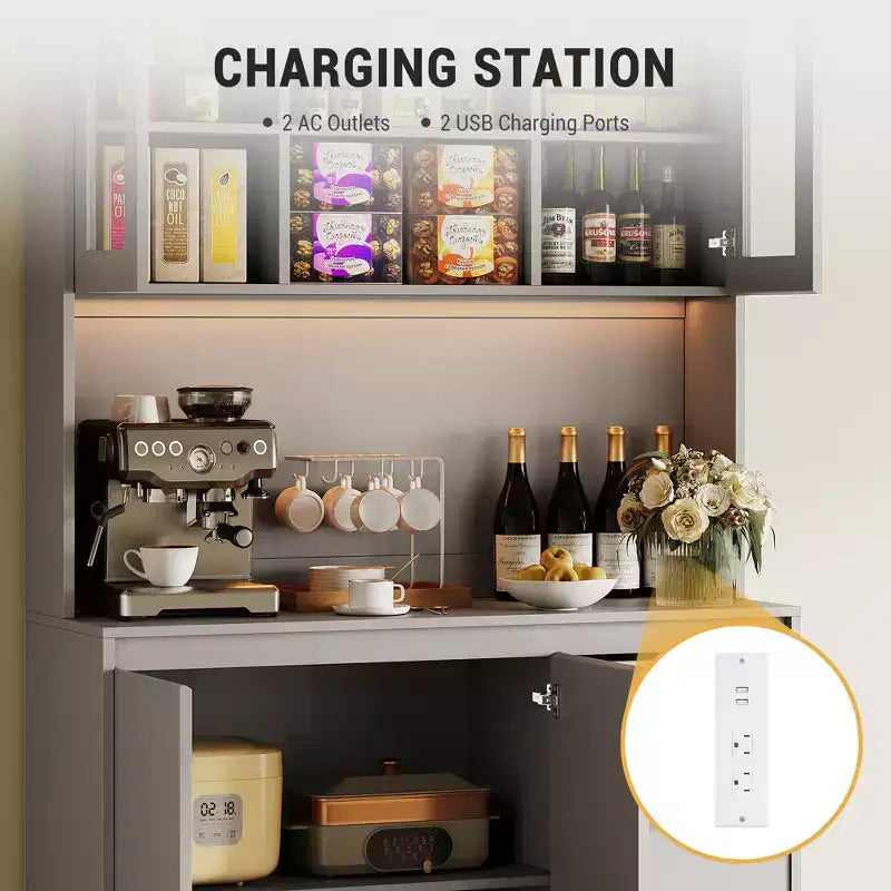 Grand meuble de cuisine de 180 cm de haut, buffet de rangement de cuisine avec lumières LED et prises de courant, support pour micro-ondes, porte en verre
